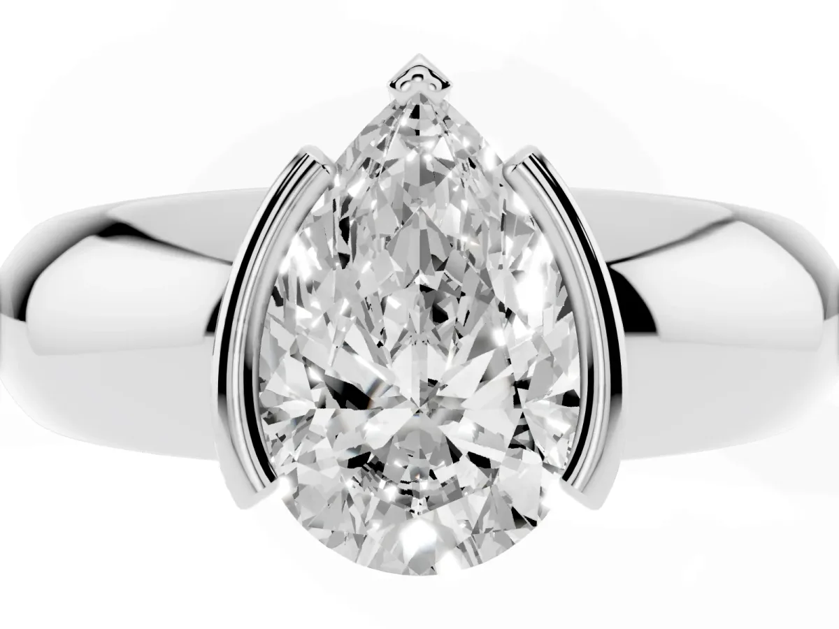 Pear Cut Solitaire Tension Set Diamond Ring with Wide Band Platinum