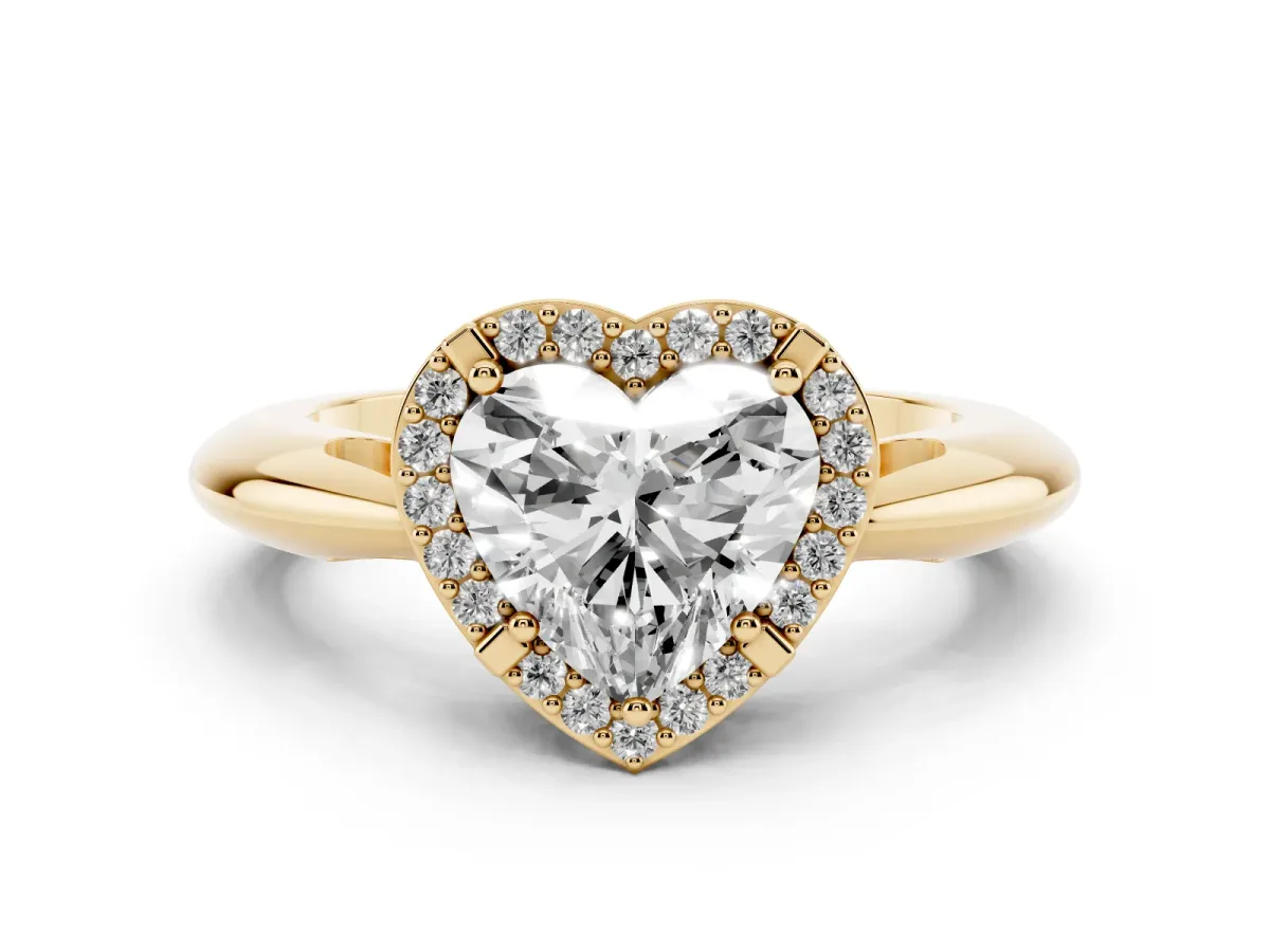 Heart Cut Cut Diamond Halo Engagement Ring with Split Shank and Four-Prong Setting Yellow gold