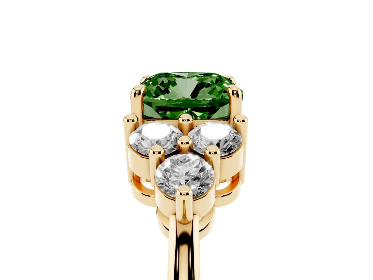 Fancy Green Cushion Cut Brilliant Diamond Cluster Accent Solitaire Ring with Prong Setting Yellow gold
