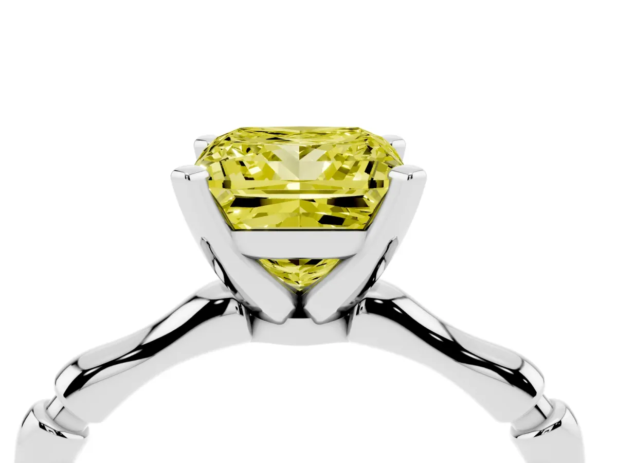 Fancy Yellow Princess Cut Solitaire Diamond Ring with Bamboo Band and Four-Prong Setting Silver