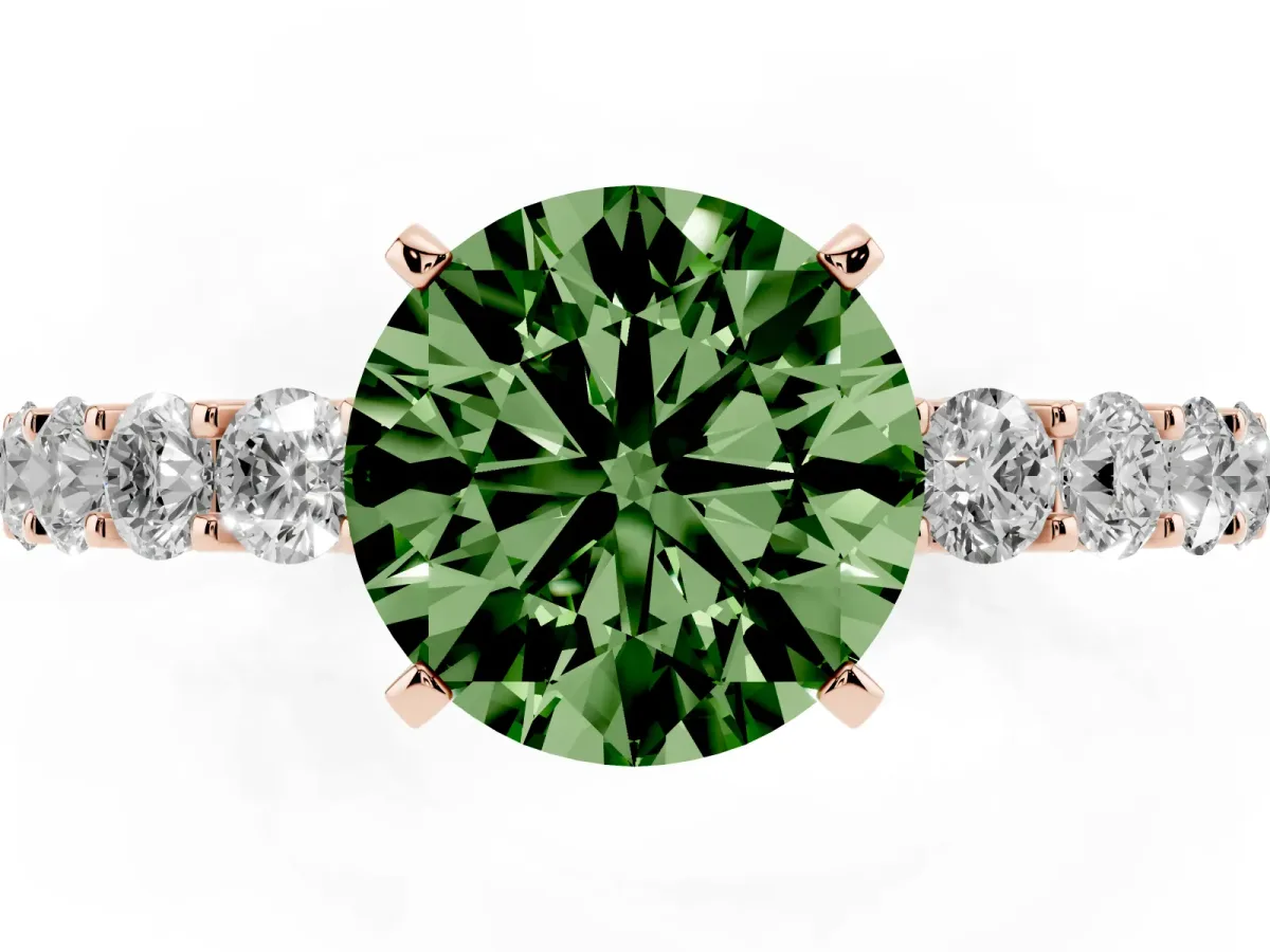 Fancy Green Round Cut Diamond Solitaire Ring with Shared Prong Pavé Band and Four-Prong Setting Rose gold
