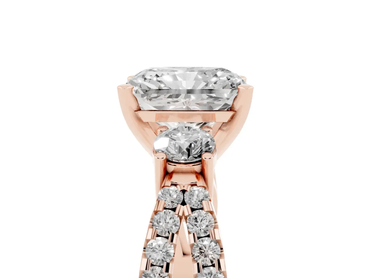 Radiant Cut Diamond Three-Stone Ring with Pavé Split Shank and Four-Prong Setting Rose gold