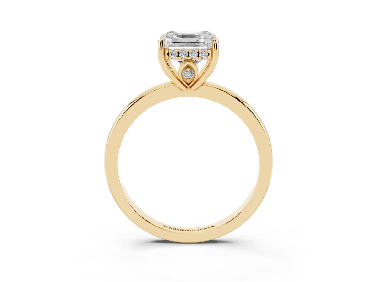 Asscher Cut Solitaire Diamond Ring with Prong Setting and Plain Band Yellow gold