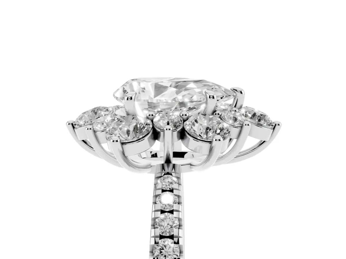 Pear Cut Diamond Floral Halo Ring with Round Pavé Band and Prong Setting Silver