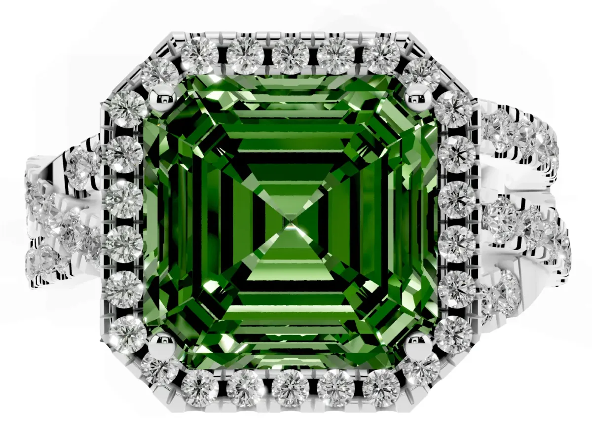 Fancy Green Asscher Cut Diamond Halo Ring with Round Split Shank and Prong Setting Silver