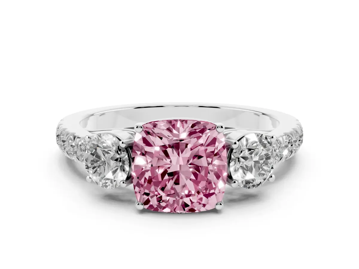 Fancy Pink Cushion Cut Cut Diamond Three-Stone Ring with Round Side Stones and Pavé Band Platinum