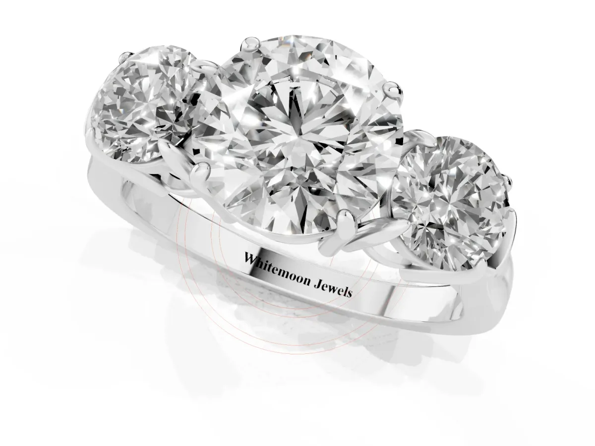 Three-Stone Round Cut Cut Diamond Ring with Round Accent Stones, Prong Setting, and Classic Band Silver