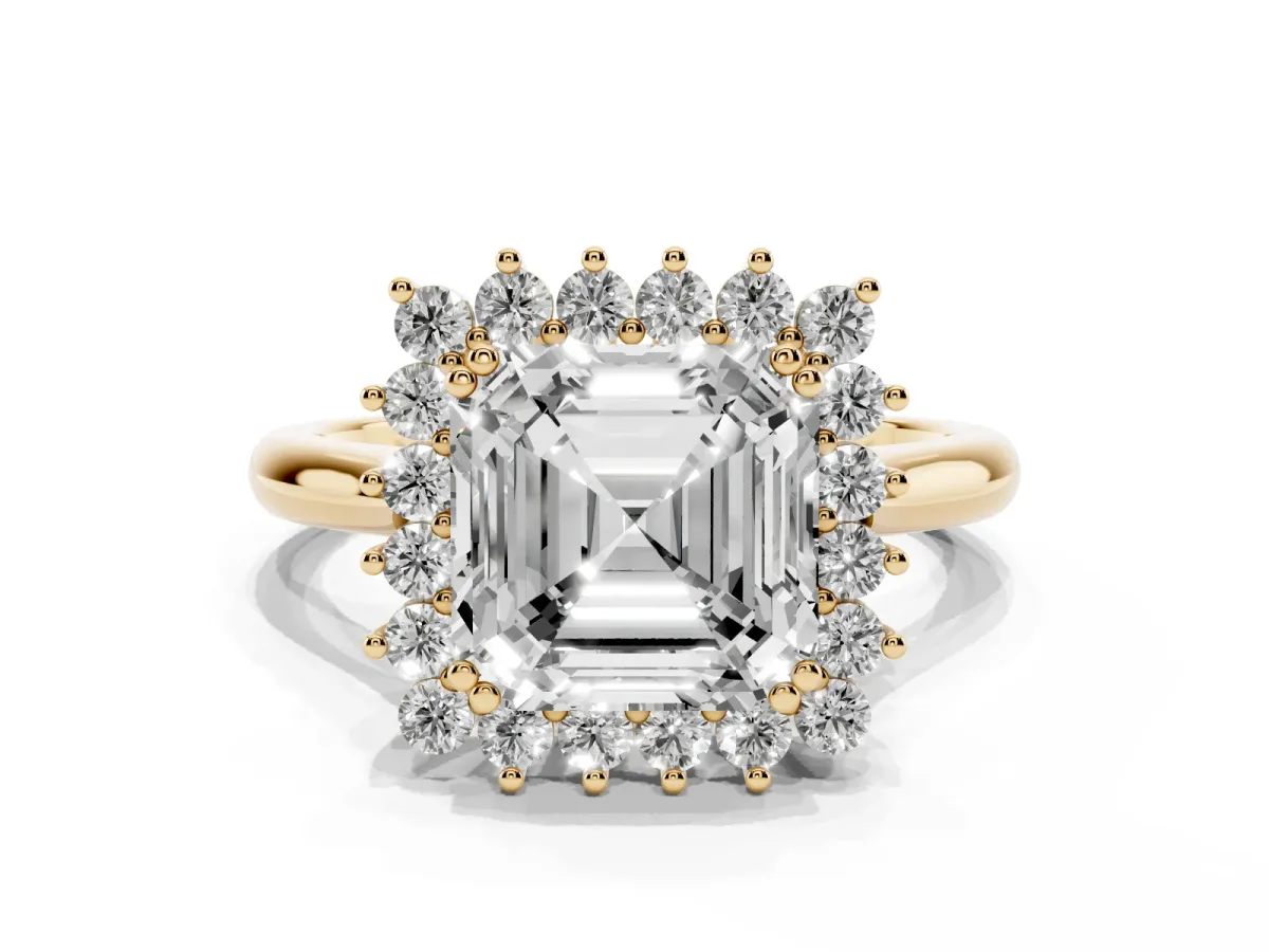 Asscher Cut Cut Diamond Halo Ring with Solitaire Band and Prong Setting Yellow gold