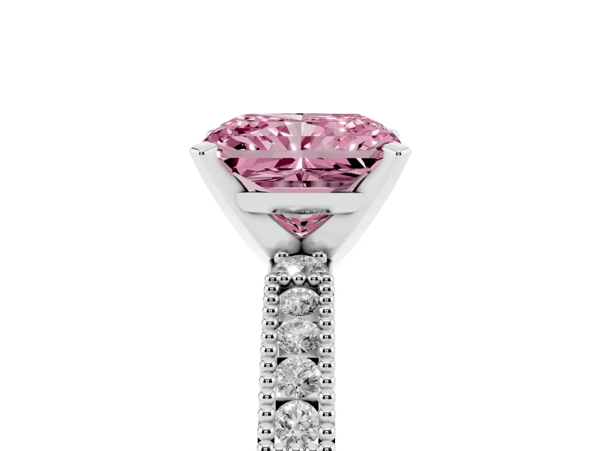 Fancy Pink Radiant Cut Solitaire with Pavé Band and Four-Prong Setting Silver