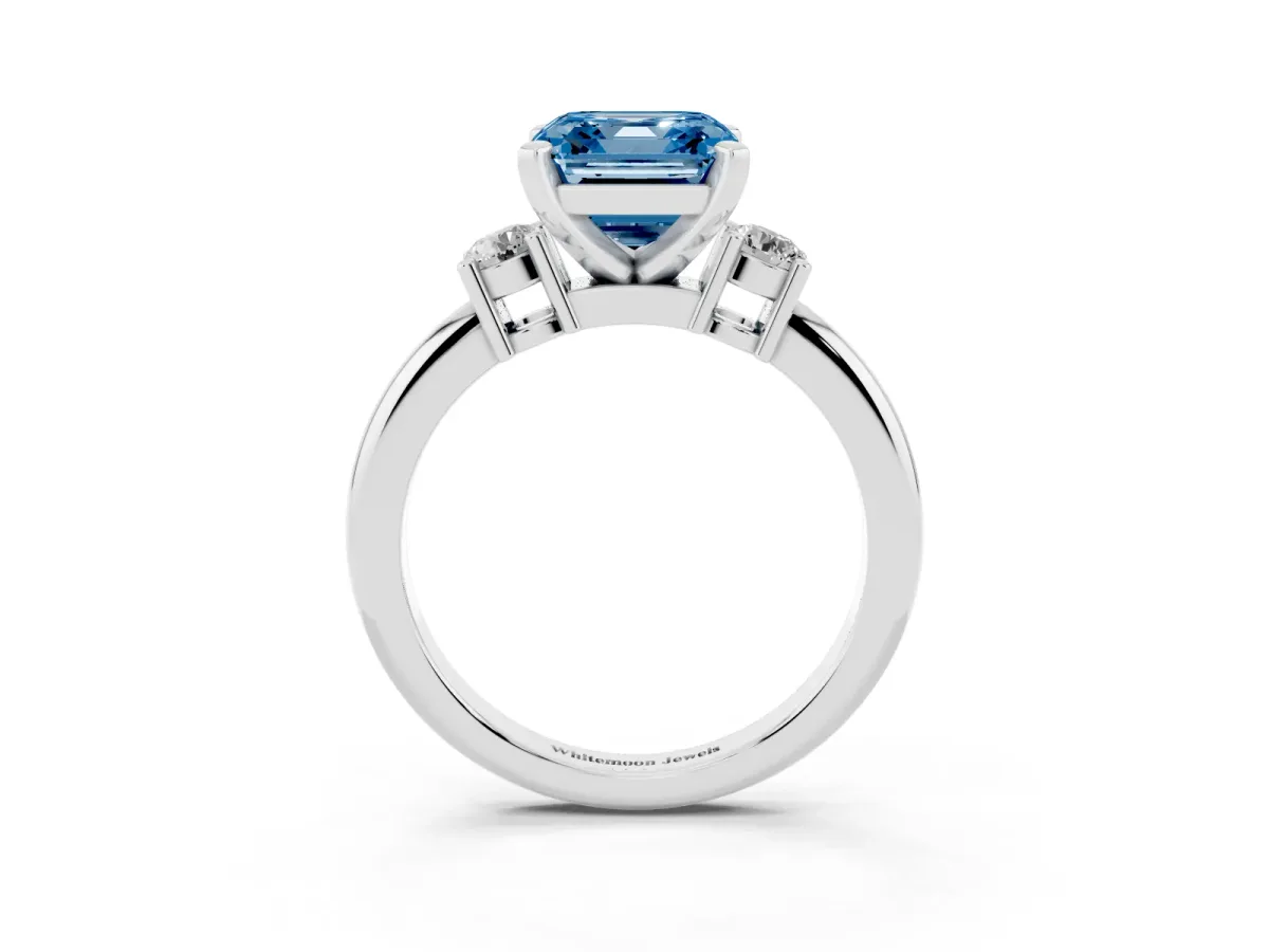Fancy Blue Three-Stone Princess Cut Cut Diamond Solitaire with Prong Setting and Classic Band White gold