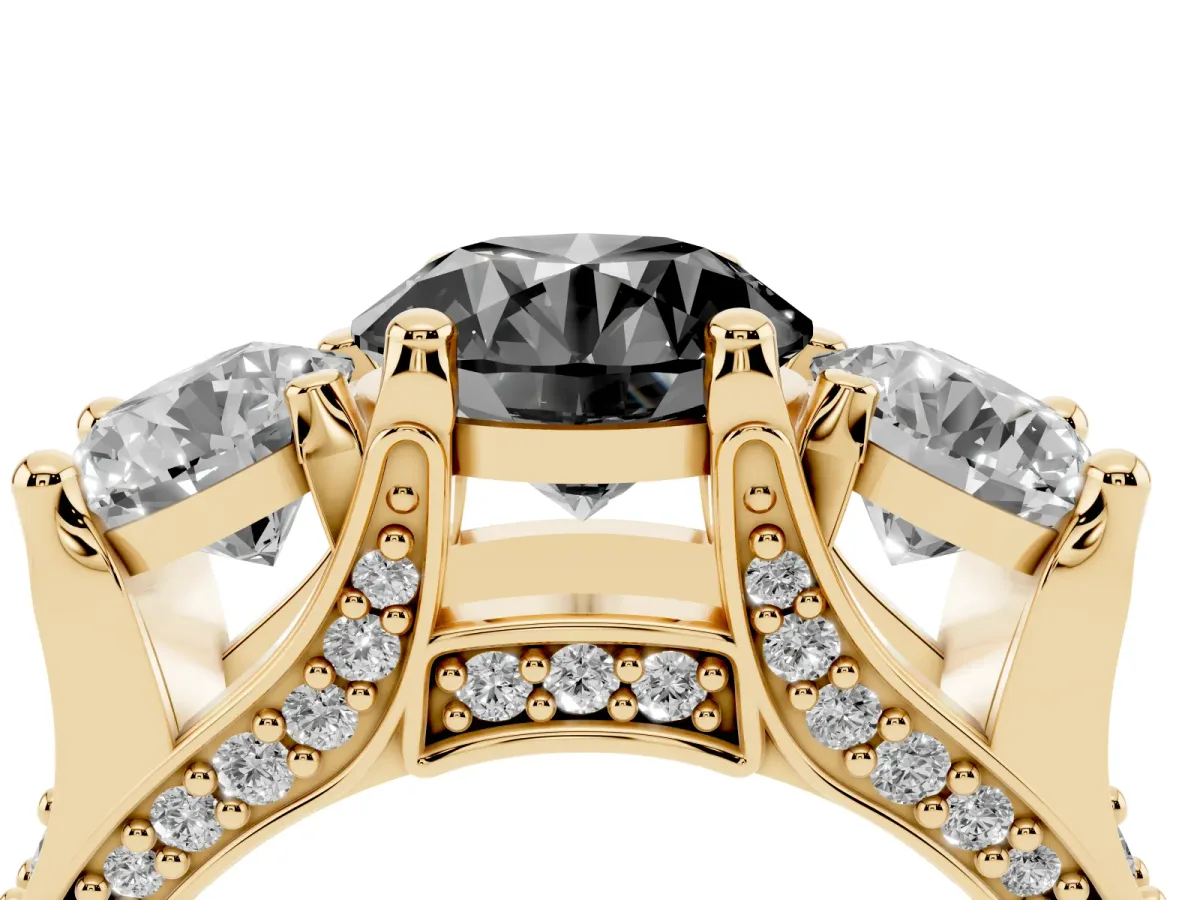 Fancy Black Round Cut Diamond Three-Stone Ring with Channel Set Band and Four-Prong Setting Yellow gold