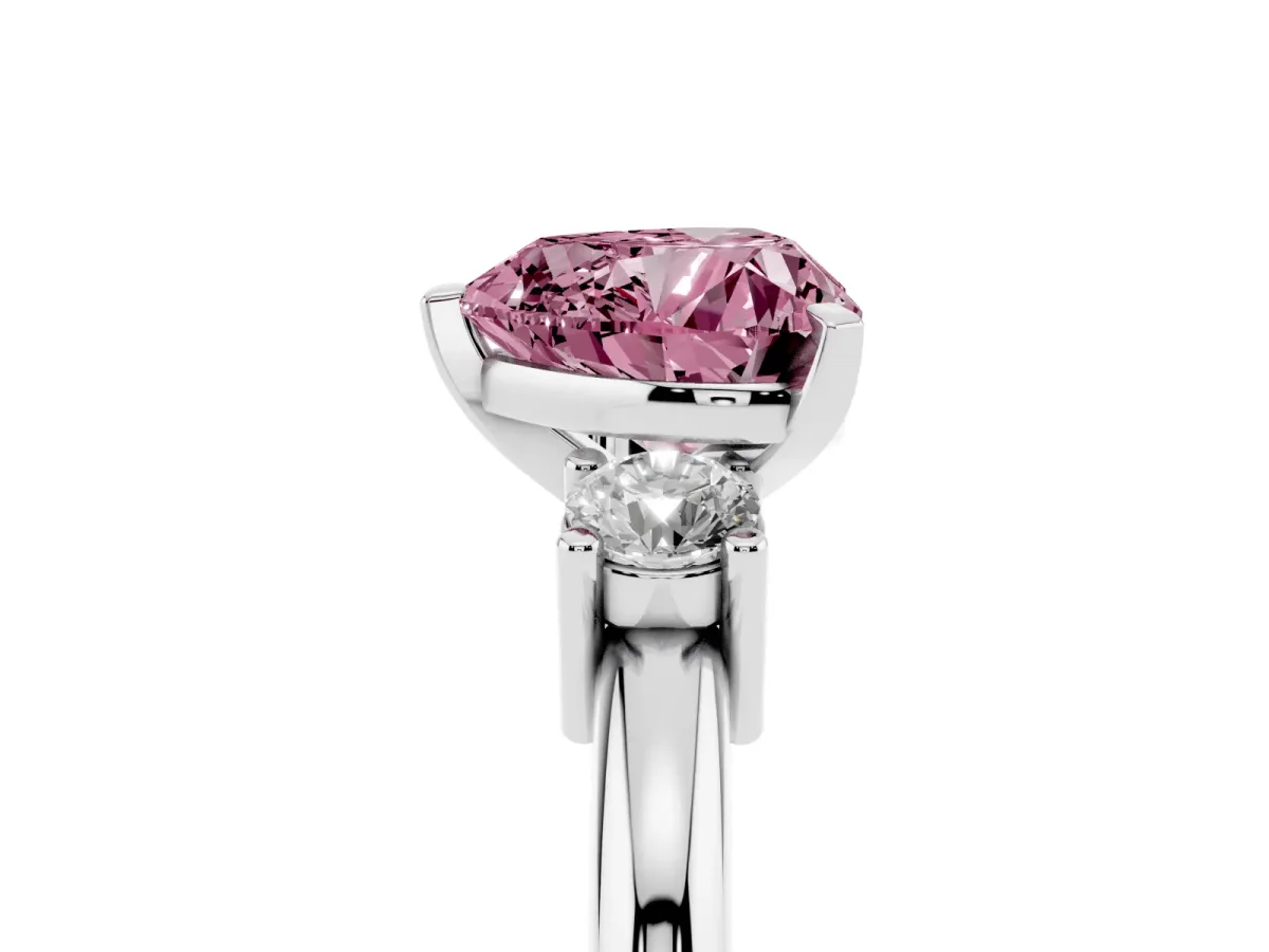 Fancy Pink Three-Stone Heart Cut Cut Diamond Solitaire with Prong Setting and Classic Band Silver