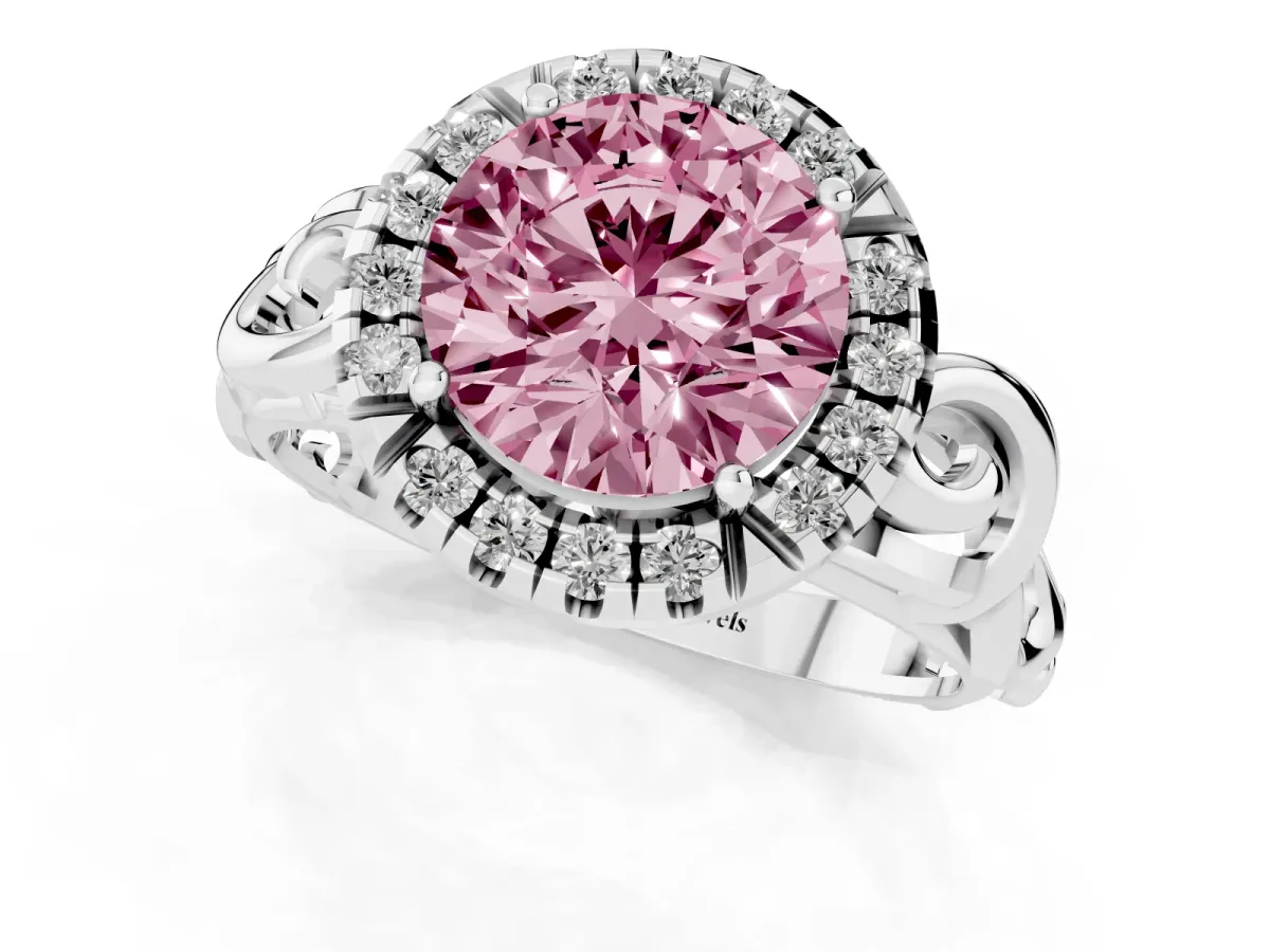 Fancy Pink Round Cut Cut Halo Diamond Ring with Scrollwork Band and Four-Prong Setting Silver