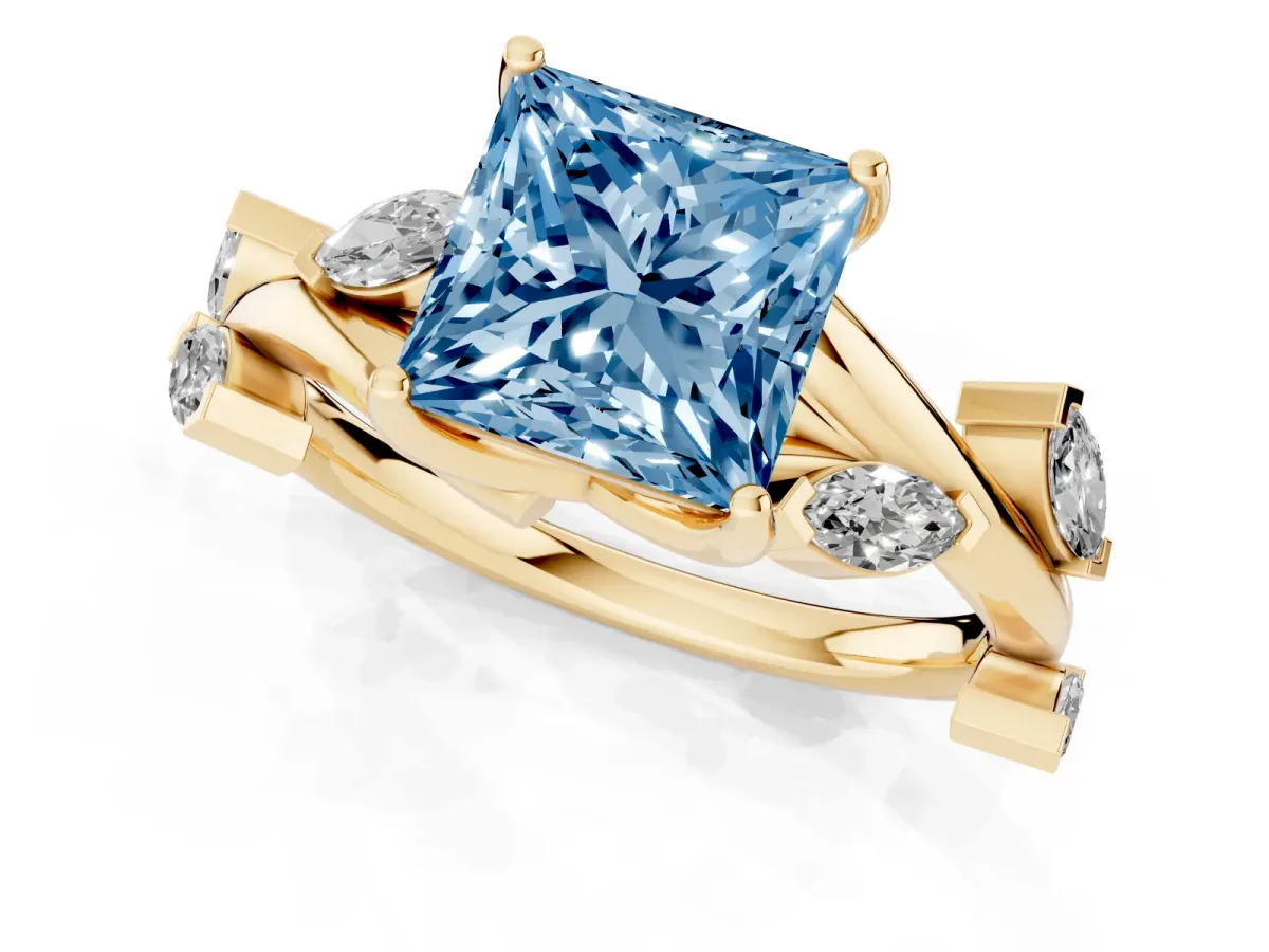 Fancy Blue Princess Cut Solitaire Twisted Band Marquise Accent Prong Setting Ring Yellow gold