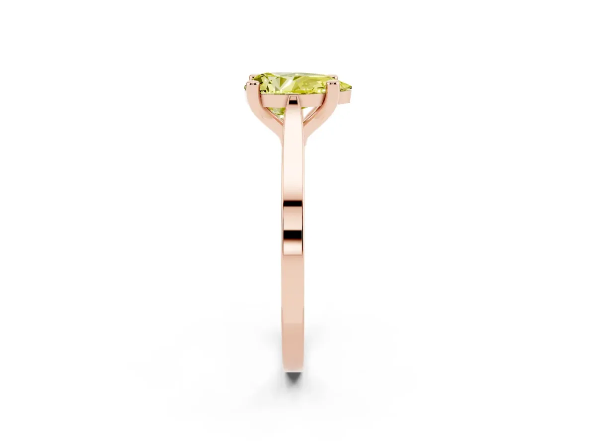 Fancy Yellow Pear Cut Solitaire Diamond Ring with Four-Prong Setting and Tapered Band Rose gold