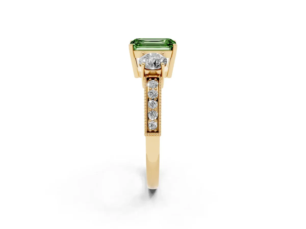 Fancy Green Emerald Cut Three-Stone Diamond Ring with Pavé Band and Four-Prong Setting Yellow gold