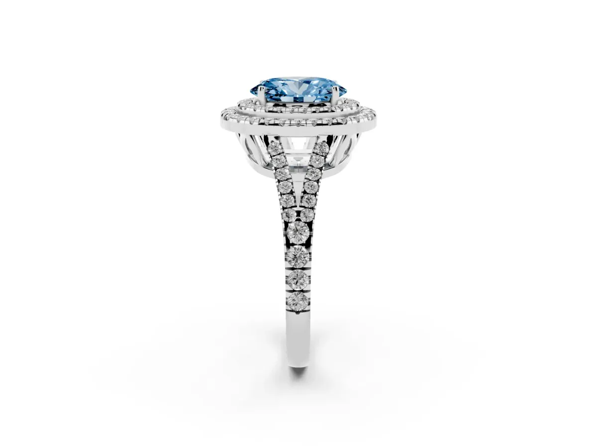 Fancy Blue Oval Cut Diamond Double Halo Ring with Pavé Band and Prong Setting Silver