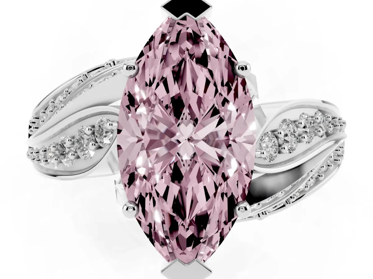 Fancy Pink Marquise Cut Diamond Solitaire Ring with Prong Setting and Twisted Pavé Band Silver