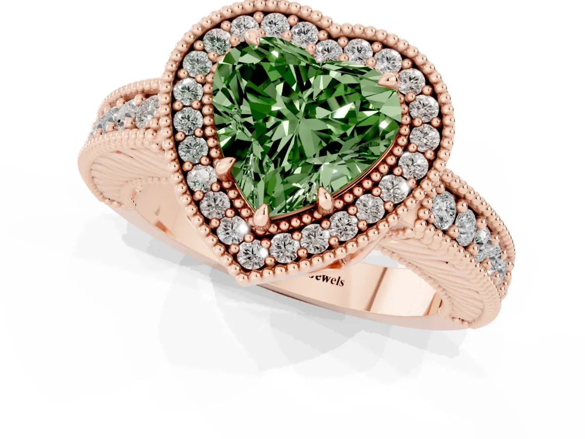 Fancy Green Heart Cut Cut Halo Diamond Ring with Pavé Band and Four-Prong Setting Rose gold
