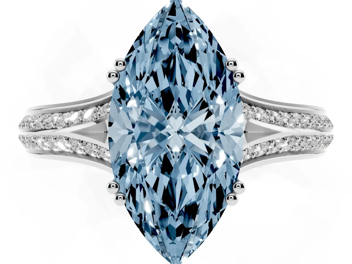 Fancy Blue Marquise Cut Diamond Split Shank Engagement Ring with Pavé Band Silver