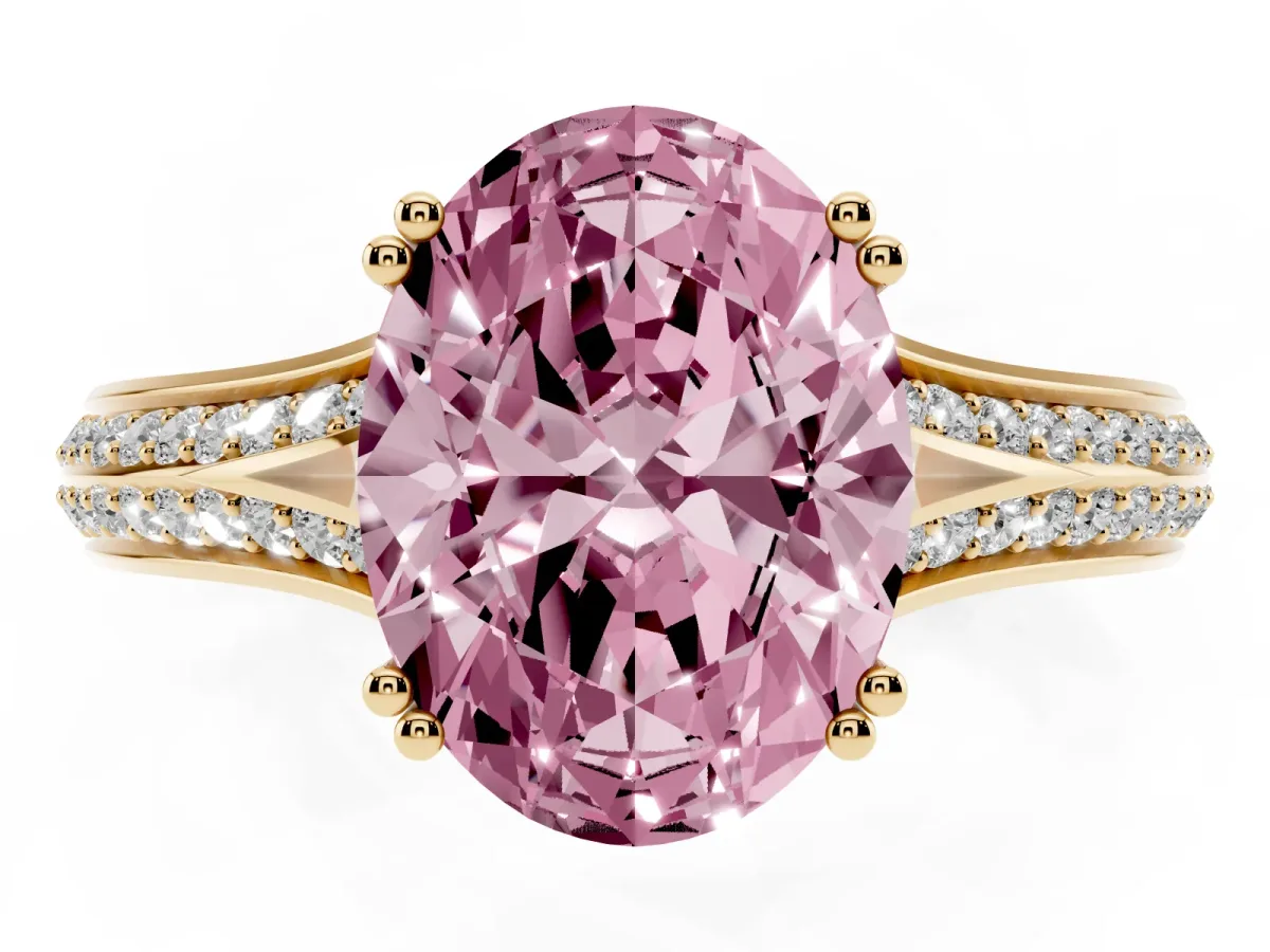 Fancy Pink Oval Cut Diamond Split Shank Engagement Ring with Pavé Band Yellow gold