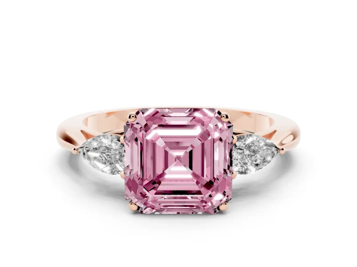 Fancy Pink Asscher Cut Diamond Three-Stone Ring with Pear Side Stones and Prong Setting Rose gold