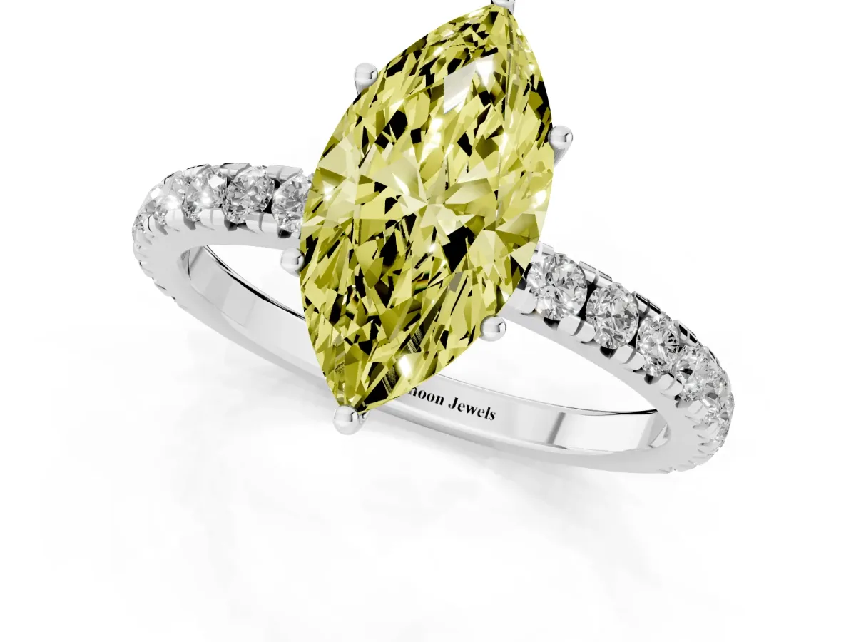 Fancy Yellow Marquise Cut Diamond Pavé Solitaire Engagement Ring with Four-Prong Setting Silver