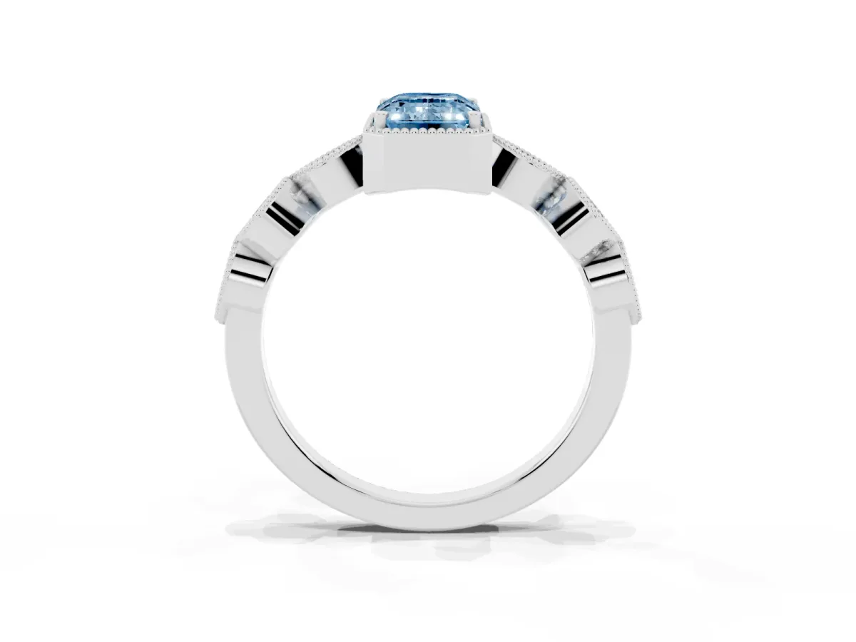 Fancy Blue Emerald Cut Diamond Vintage Milgrain Ring with Round Stations Platinum