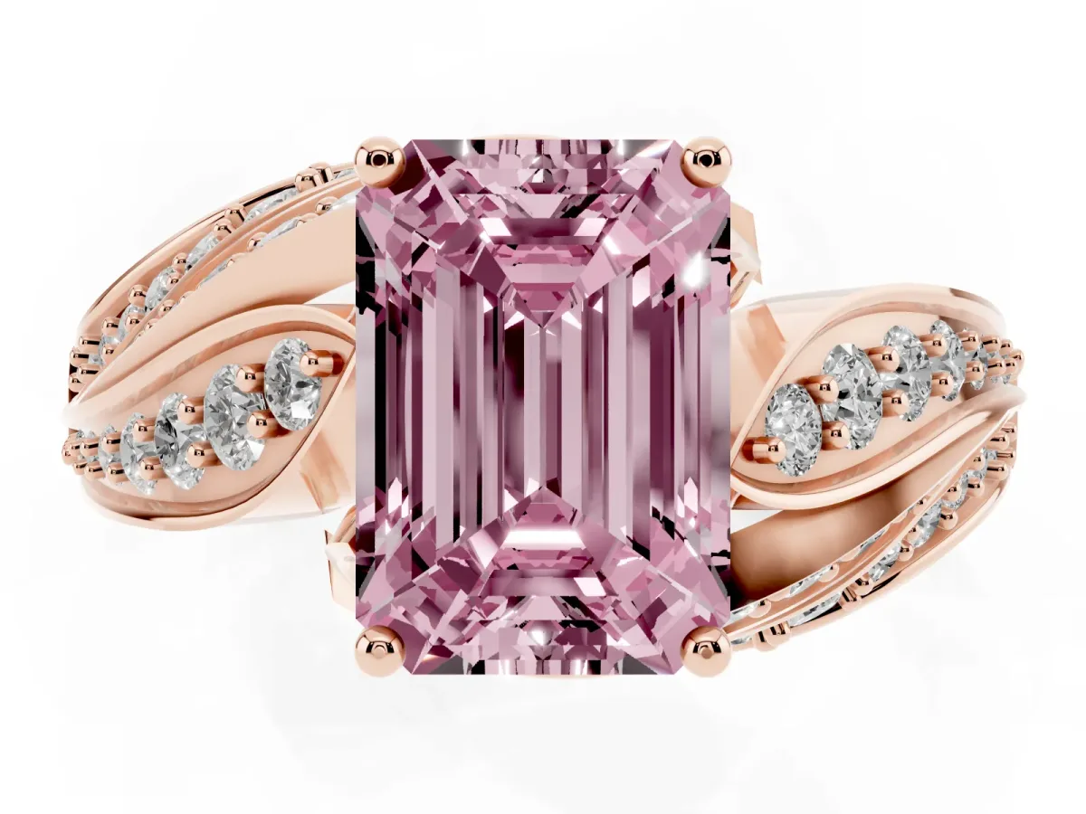 Fancy Pink Emerald Cut Diamond Solitaire Ring with Prong Setting and Twisted Pavé Band Rose gold