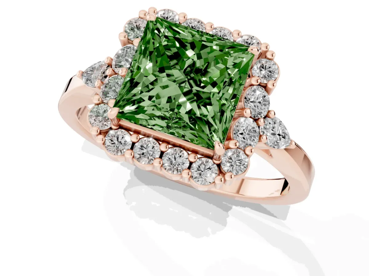 Fancy Green Princess Cut Diamond Halo Ring with Pear Side Stones and Prong Setting Rose gold