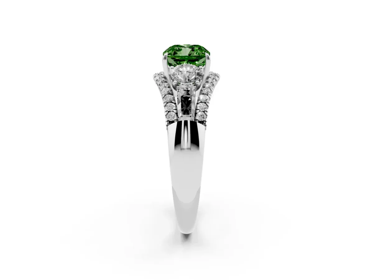 Fancy Green Three-Stone Cushion Cut Diamond Engagement Ring with Pave Band and Prong Setting Silver