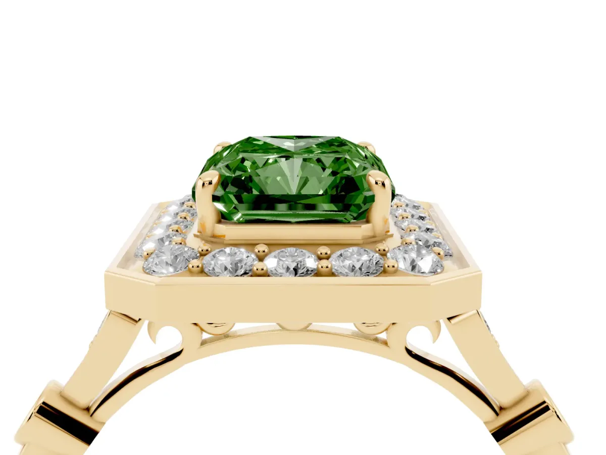 Fancy Green Radiant Cut Halo Diamond Engagement Ring with Twisted Band and Four-Prong Setting Yellow gold