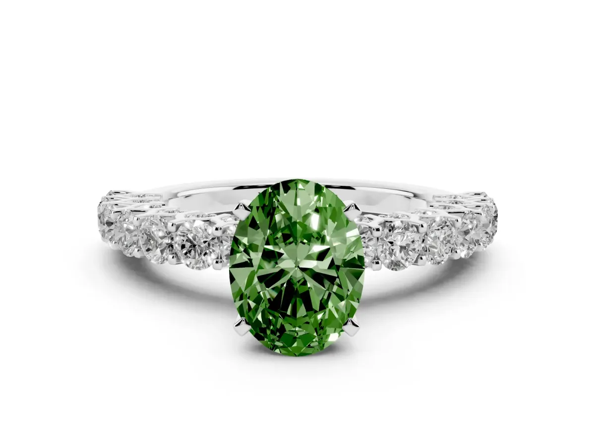 Fancy Green Oval Cut Diamond Solitaire Ring with Shared Prong Pavé Band and Four-Prong Setting Silver