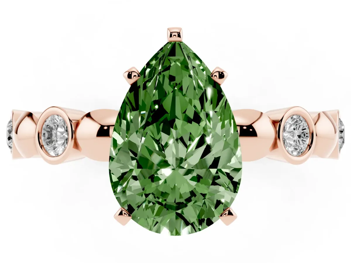 Fancy Green Pear Cut Solitaire Bezel-Set Diamond Ring with Beaded Band and Four-Prong Setting Rose gold
