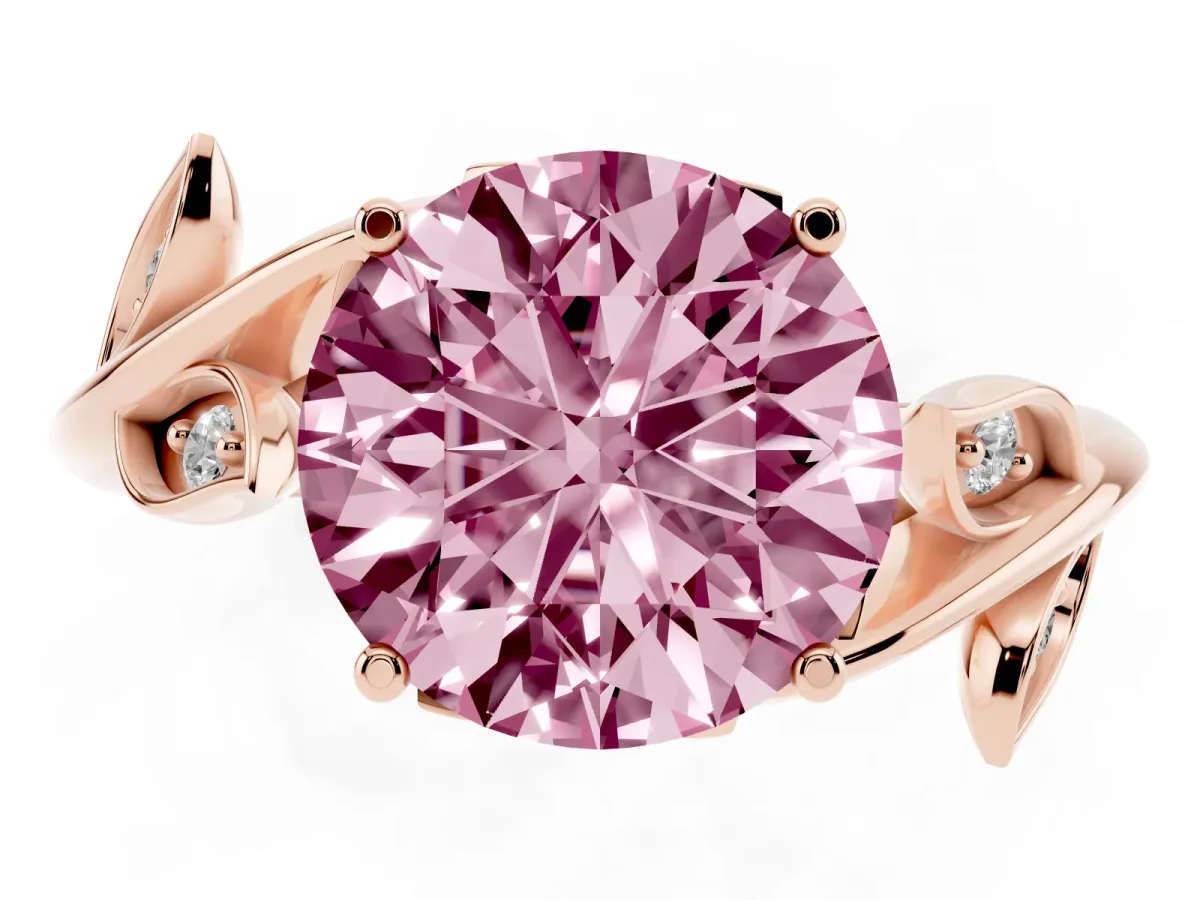 Fancy Pink Round Cut Solitaire Twist Engagement Ring with Leaf Accents and Prong Setting Rose gold