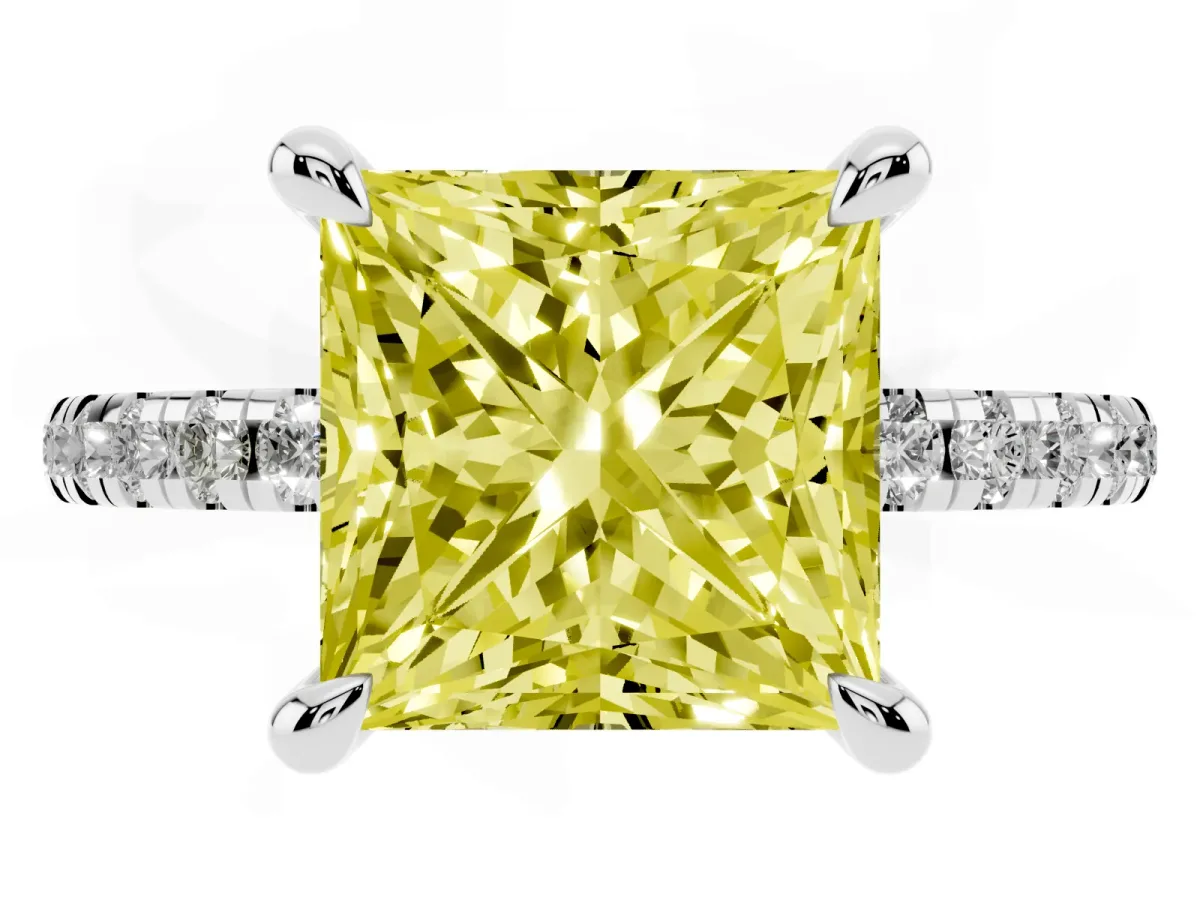Fancy Yellow Princess Cut Diamond Brilliant Solitaire Ring with Pavé Band and Four-Prong Setting Platinum