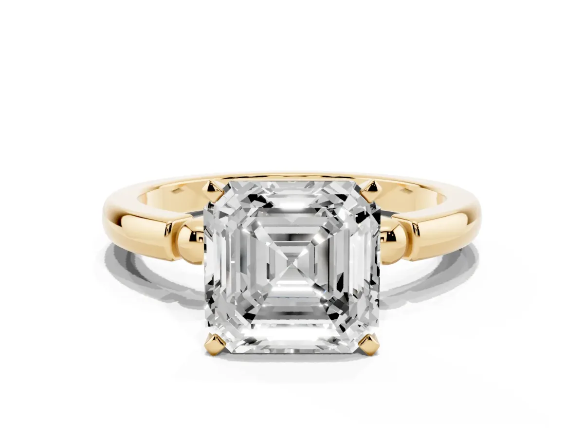 Asscher Cut Solitaire Beaded Band with Four-Prong Setting Yellow gold