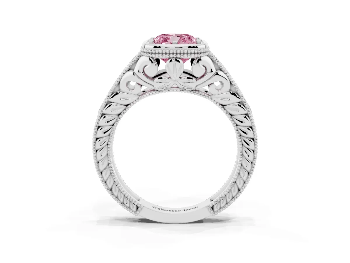 Fancy Pink Bezel Set Cushion Cut Diamond Milgrain Pave Engagement Ring Silver