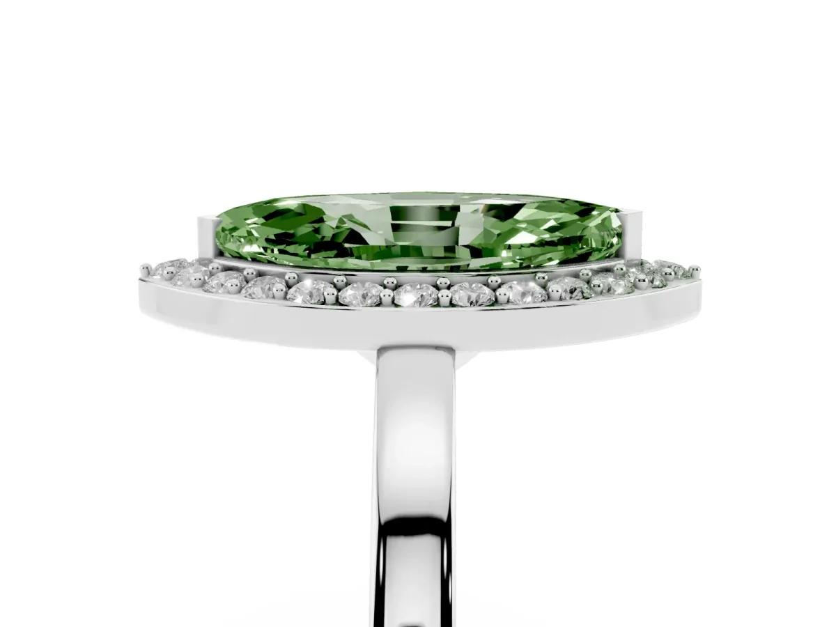 Fancy Green Marquise Cut Halo Diamond Ring with Solitaire Band and Prong Setting Silver