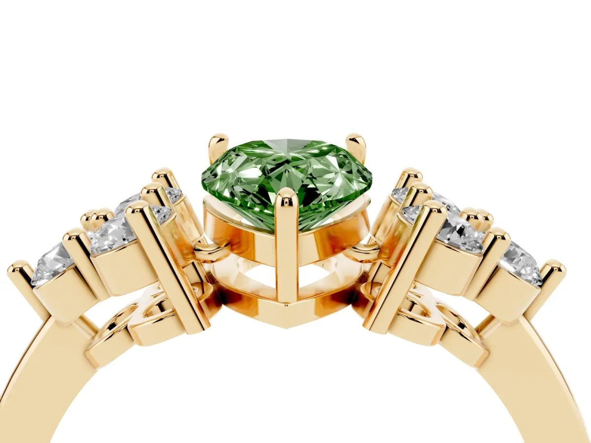 Fancy Green Pear Cut Brilliant Diamond Cluster Accent Solitaire Ring with Prong Setting Yellow gold