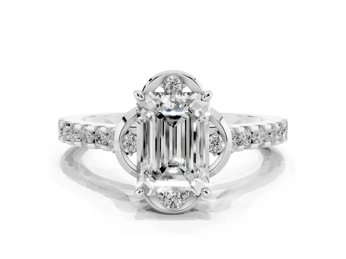 Emerald Cut Diamond Ring with Pavé Band and Floral Prong Setting Silver