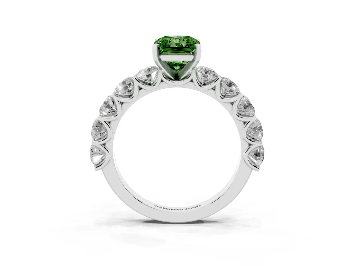 Fancy Green Radiant Cut Diamond Prong Setting with Side Stones on a Pave Band Platinum