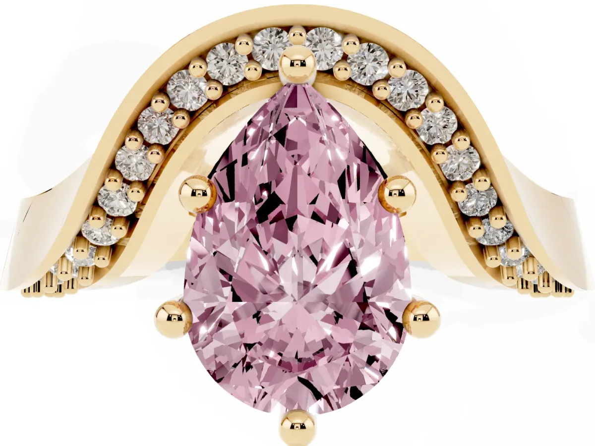 Fancy Pink Pear Cut Solitaire Diamond Engagement Ring with Pave Band and Four-Prong Setting Yellow gold
