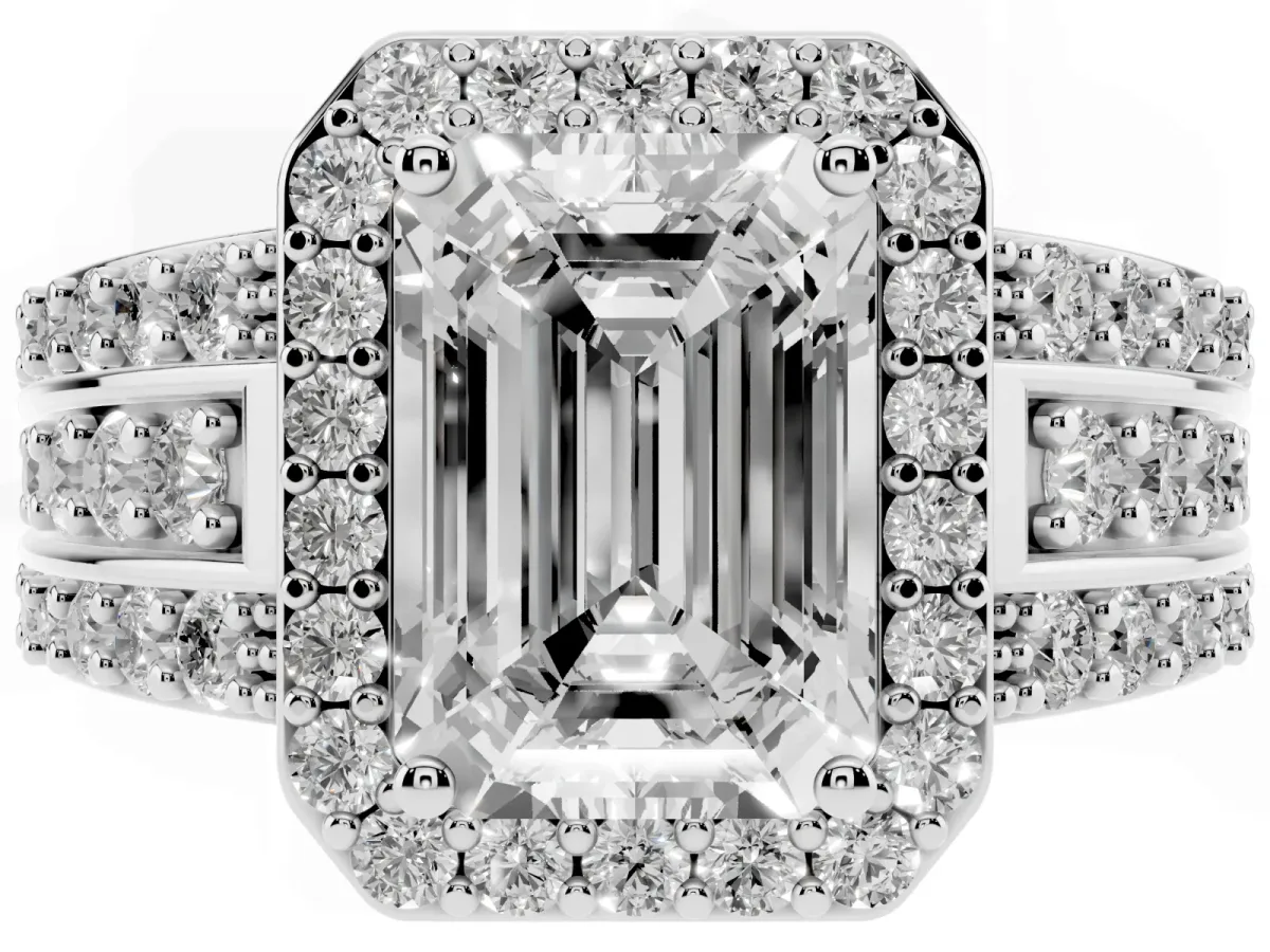 Emerald Cut Halo Diamond Ring with Round Split Shank and Prong Setting Silver