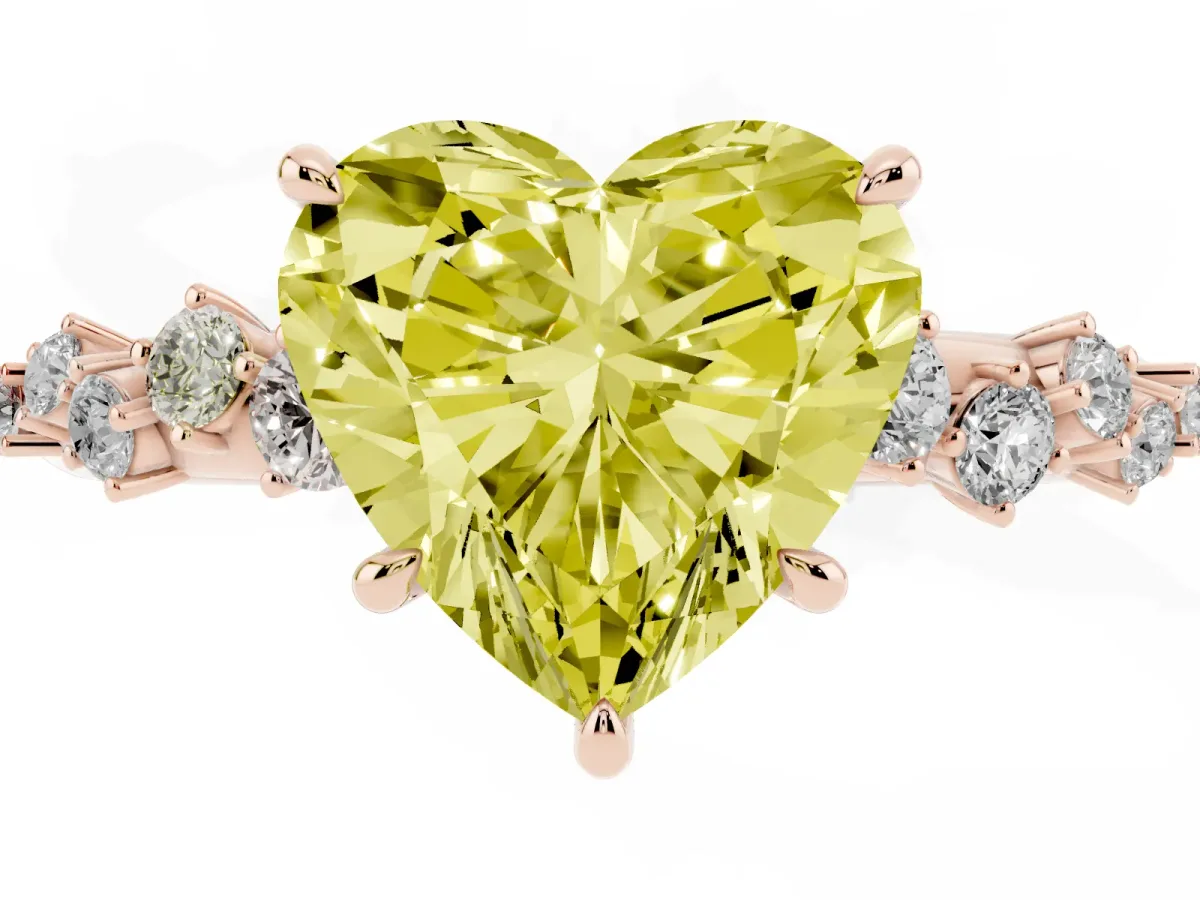 Fancy Yellow Heart Cut Diamond Cluster Side Stone Solitaire Ring with Prong Setting Rose gold