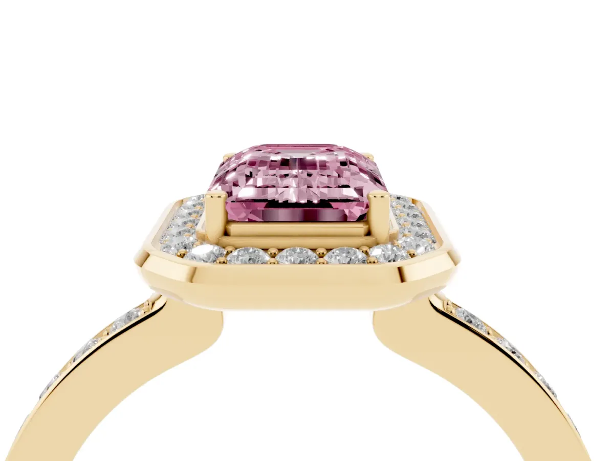 Fancy Pink Emerald Cut Diamond Halo Ring with Bezel Frame and Pavé Band Yellow gold
