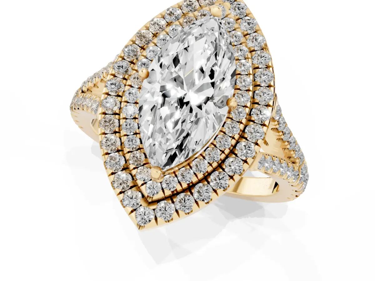 Marquise Cut Diamond Double Halo Ring with Pavé Band and Prong Setting Yellow gold