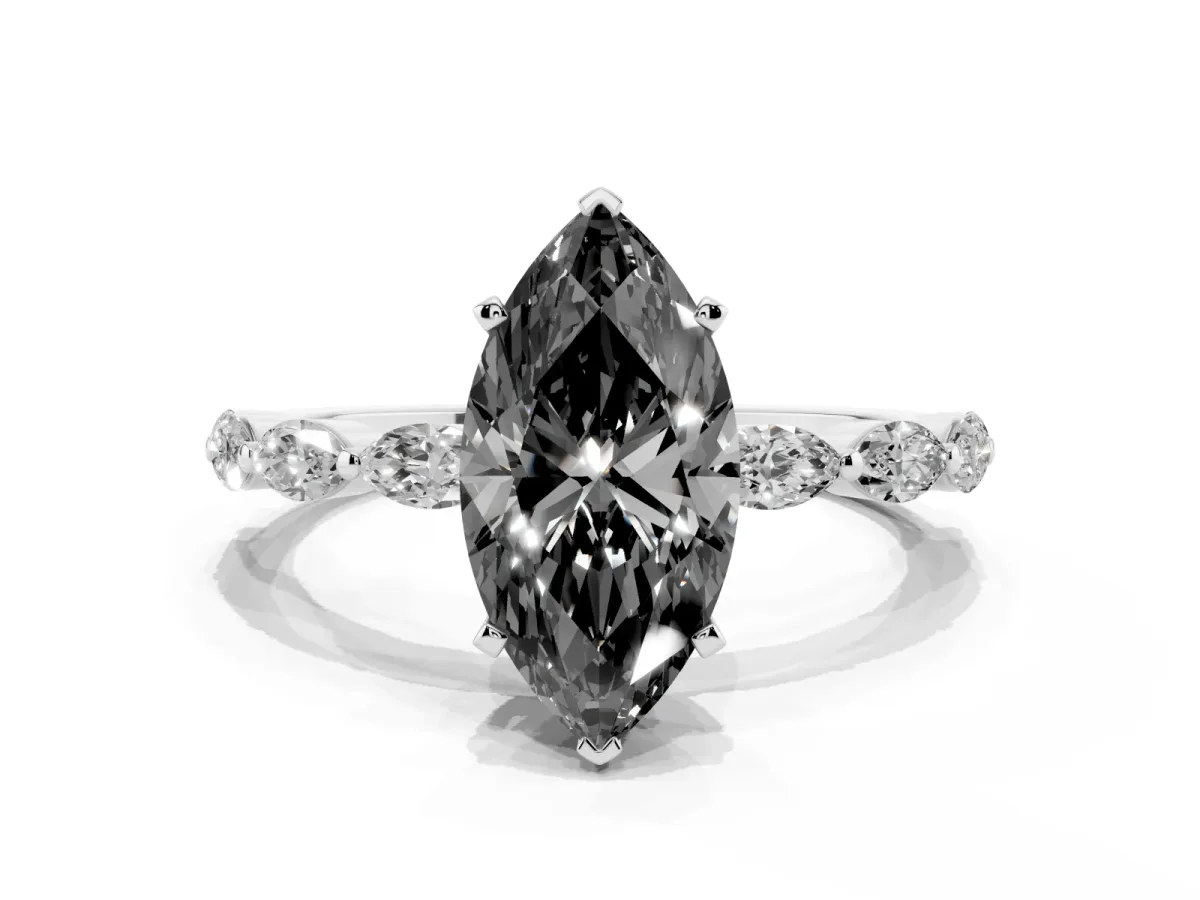 Fancy Black Marquise Cut Diamond Ring with Marquise Side Stones and Prong Setting Platinum
