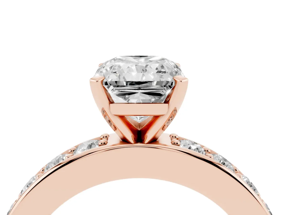 Radiant Cut Diamond Engagement Ring with Channel Set Round Band and Prong Setting Rose gold