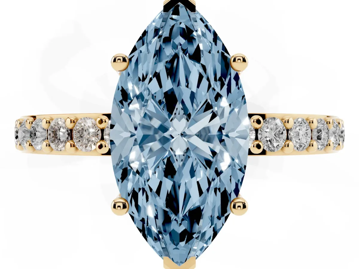 Fancy Blue Marquise Cut Cut Diamond Solitaire with Pave Band and Four-Prong Setting Yellow gold